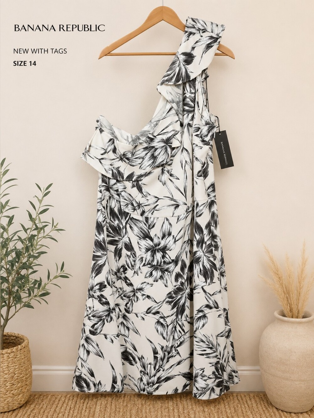 Banana Republic One-Shoulder Black & White Floral Dress
